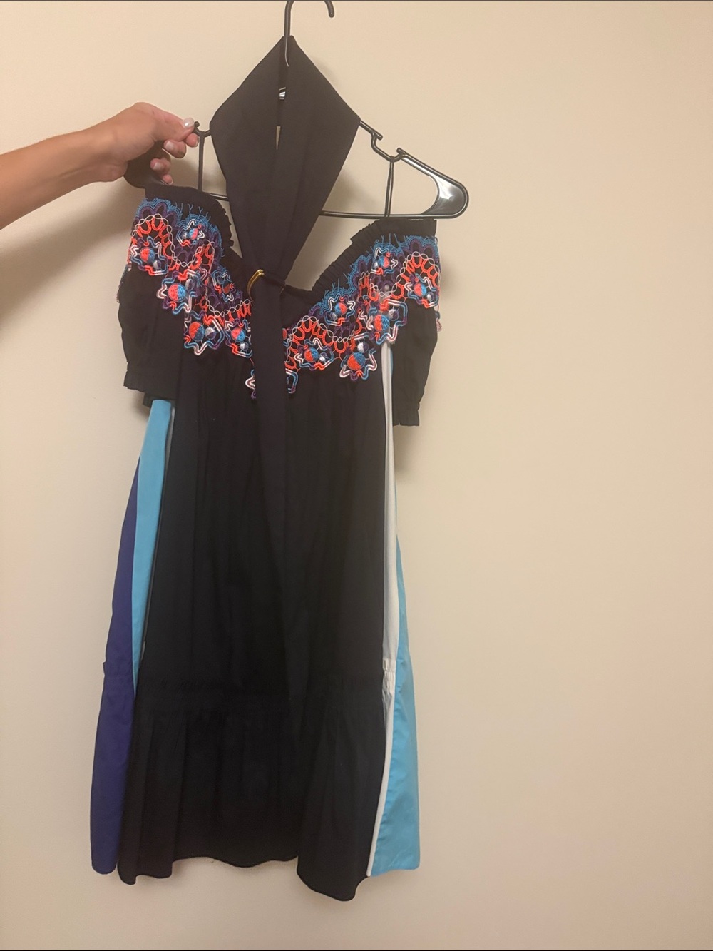 Peter Pilotto Black Midi Dress with Multicolor Embroidery and Blue Panels
